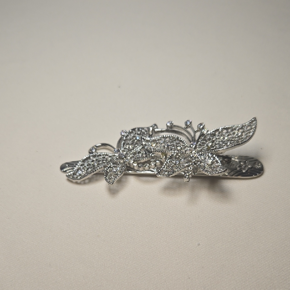 Vintage Rhinestone Hair Clip, Antique Silvertone Metal, Butterfly Theme.